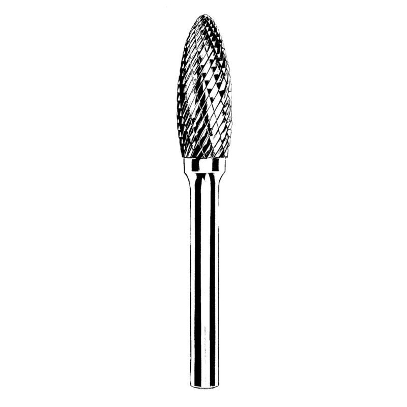 Carbide Burr, 1/8" (3 mm) Dia., SH-41 D/C Burr, Flame Pointed End, 1/4" (6 mm) Flute L, 1/8" Shank